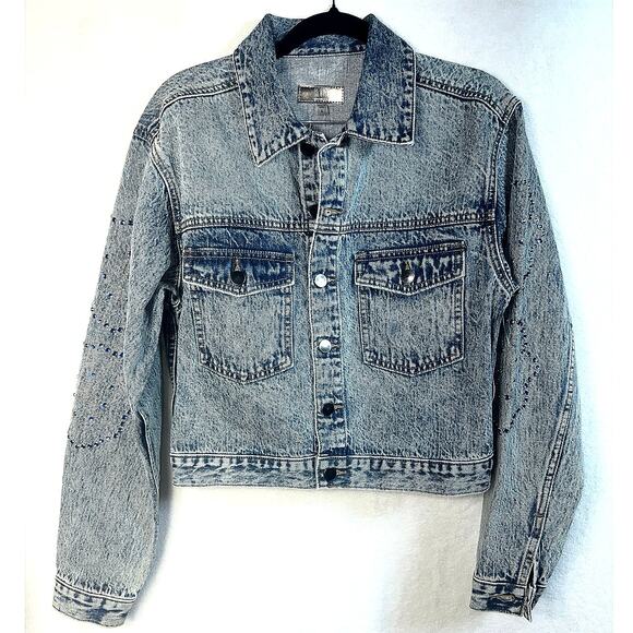 Kut from the Kloth Blue Crystal Embellished studded Acid Wash Jacket Small - Picture 2 of 8
